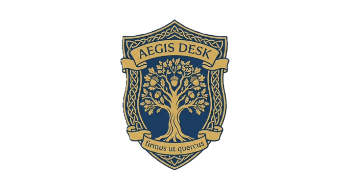 Aegis Desk crest — oak tree on a navy shield with the motto firmus ut quercus